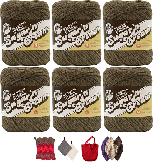 Bulk Buy: Lily Sugar'n Cream Yarn 100% Cotton Solids and Ombres (6-Pack) Medium #4 Worsted Plus 5 Lily Patterns (Warm Brown 01130) …......