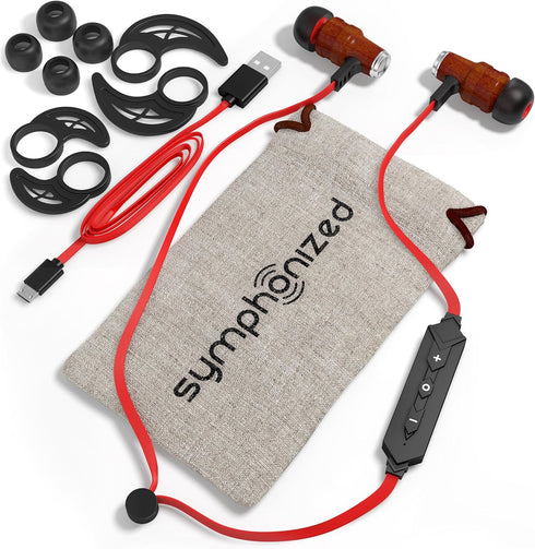Symphonized NRG Bluetooth Wireless Wood in-Ear Noise-isolating Headphones, Earbuds, Earphones with Mic & Volume Control (Red)...