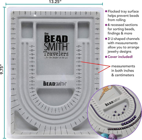 The Beadsmith Bead Board with Cover, Grey Flocked, 3 U-Shaped Channels, 6 Recessed Compartments,13.25H x 9.75L inches, Design Boards for Creating ...
