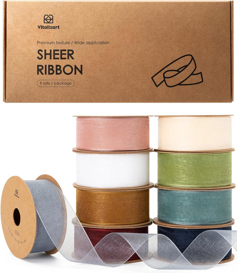 Vitalizart 1" x 90Yd Organza Ribbon Mixed Color Sheer Ribbons Set 10 Yd x 9 Rolls Handmade Eco-Friendly for Gift Wrapping Christmas Tree Crafts Bo...