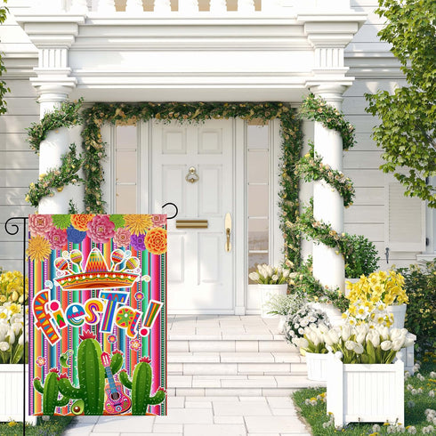 Linen Mexican Fiesta Garden Flag Double Sided Serape Dahlia Decorations Yard Decoration Cactus Avocado Guitar Decor Day of The Dead Dia De Los Mue...