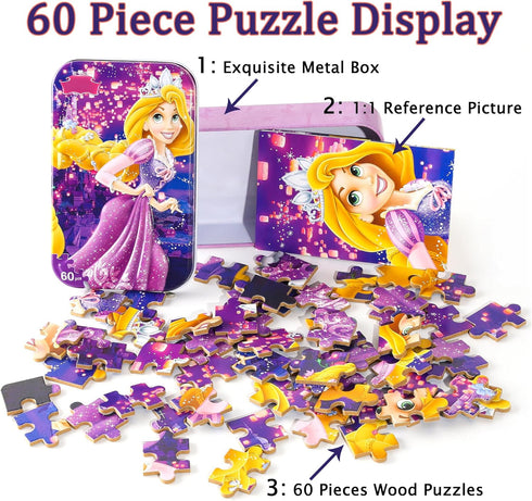 LELEMON Princess Puzzles in a Metal Box 60 Piece Long Hairs Princess Jigsaw Puzzle for Kids Ages 4-8 Children Learning Educational Puzzles Toys...
