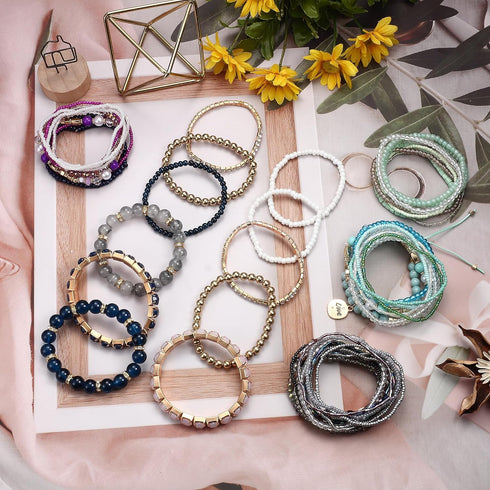 LOYALLOOK 6 Sets Bohemian Stackable Bead Bracelets for Women Stretch Bohemian Style Stretch Multilayered Boho Bracelet Set...