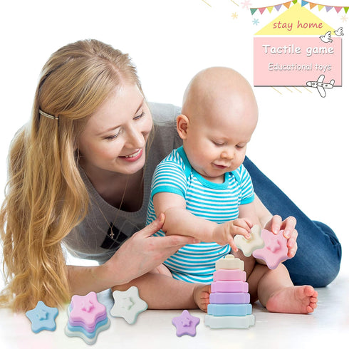 Promise Babe Stacking Toys, Silicone Stacking Rings Teething Toy with Star Shape, Soft Building Blocks, Montessori Early Educational Toy for 6 Mon...