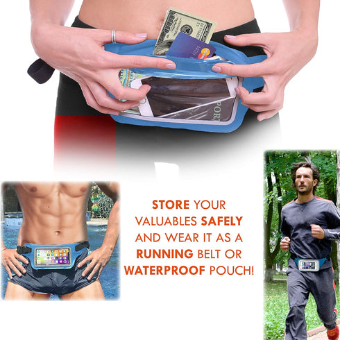 Ultimate Blue Waterproof Running Swimming Belt: Phone & Essentials Holder for Gym, Beach, Kayaking, Ski! Fits iPhone, Samsung - Touchscreen, IPX8 ...
