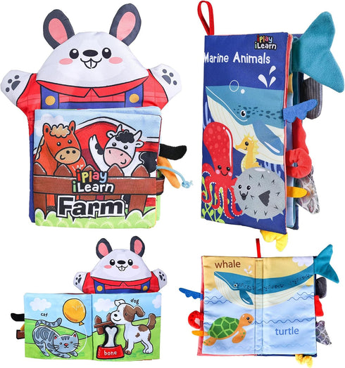 iPlay, iLearn Baby Cloth Books 6-12 Month, Infant Soft Touch Feel Marine Farm Animal Fabric Book Set, Newborn Carseat Crib Crinkle Toy, Babies Bir...