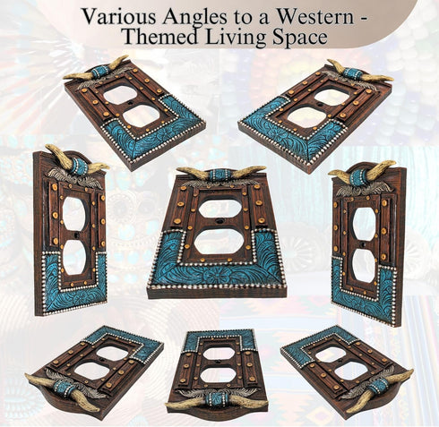 BestGiftEver American Western Home Decor Outlet Cover - Faux Horns and Tooled Leather-inspired Double Outlet Plate Cover- Southwestern Native Indi...