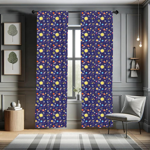 Lunarable Space Curtains, Astronomy Themed Composition with Hand Drawn Planets Sun Rockets Stars and Astronauts, Window Treatments 2 Panel Set for...