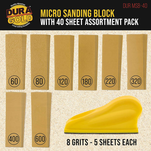 Dura-Gold Micro Hand Sanding Block Kit, 3.5” x 1” Pad, Hook & Loop Backing, 40 Sandpaper Sheets, 5 Each 60, 80, 120, 180, 220, 320, 400, 600 Grit ...