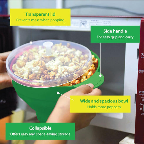 Microwave Popcorn Popper with Lids - Silicone - No Oil or Butter Required - Collapsible Bowls - BPA-Free - Movie Night Supplies - Green...