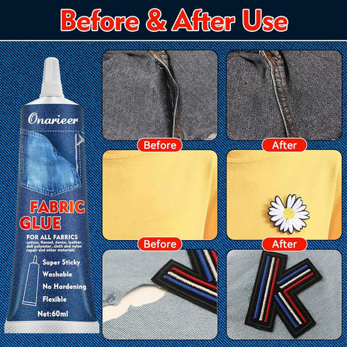 2x60ml Fabric Glue, Fabric Glue Permanent Clear Washable for Patches Drying Waterproof Fabric Adhesive Glue for All Fabrics, Clothes, Cotton, Flan...