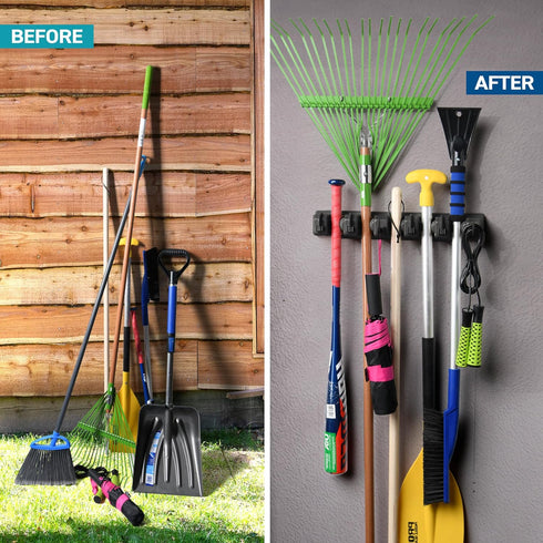 Mop and Broom Holder Wall Mount - Garage Storage Organizer with 5 Slots, 6 Hooks, 7.5lbs Capacity Per Slot - Home, Kitchen, Closet, Garden Tools, ...