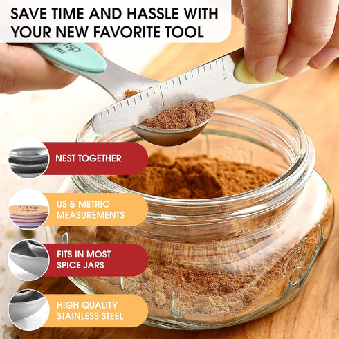 Spring Chef Stainless Steel Magnetic Measuring Spoons Set of 8 with Leveler, Metal Teaspoon & Tablespoon Measuring Spoons for Dry and Liquid Ingre...