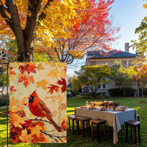 Fall Cardinal Garden Flag, Thanksgiving Red Bird Maple Leaf Garden Flag, Autumn Yard Home Decor Welcome Flag, 12x18 Inch Double Sided Burlap, Outd...