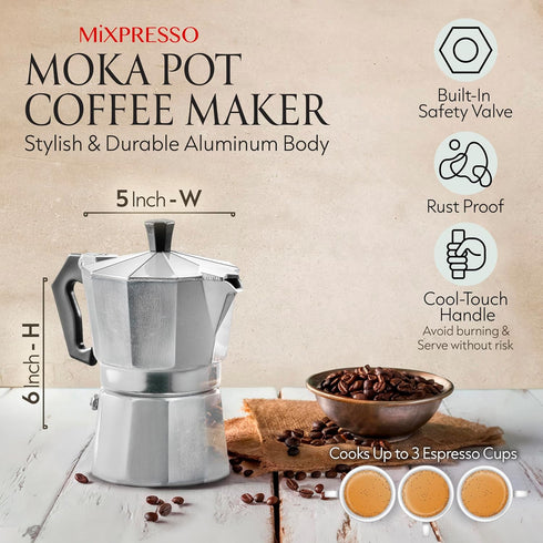 Mixpresso 3 Cup Moka Pot Cuban Coffee Maker, Moka Pot for Gas, Electric Stove Top, Classic Italian Coffee Maker, Stovetop Espresso Maker, Camping ...