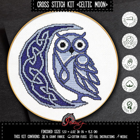 Povitrulya Counted cross stitch kit Celtic moon - DIY embroidery set with presorted floss, 14-count Aida fabric, paper pattern...