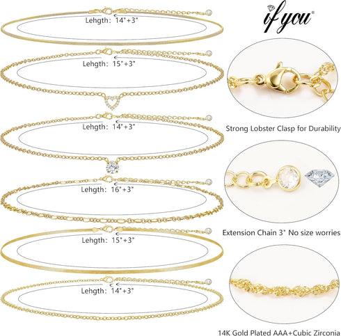 iF YOU 6 Pcs Gold Chokers Necklace Set for Women, 14k Gold Plated CZ Pendant Necklace, Trendy Dainty Snake Chain Layered Necklaces for Jewelry Gif...