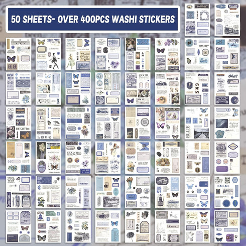 RISYPISY 473PCS Vintage Washi Sticker Book for Scrapbookling - 50 Sheets Blue Pre-cut Journaling Stickers, Ephemera for Junk Journal Supplies DIY ...
