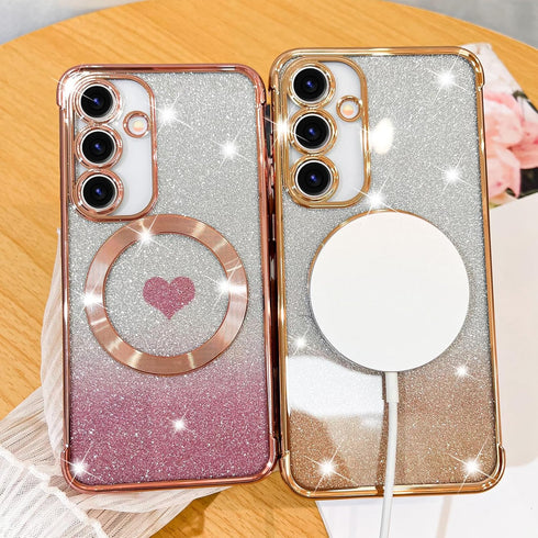 Fiyart Designed for Samsung Galaxy S24 Plus Case,Compatible with MagSafe Love Heart Plating Camera Protection Clear Phone Case, Magnetic Glitter f...