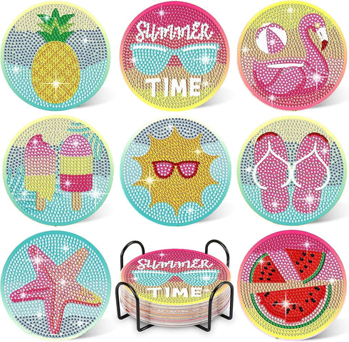 Leatrice 8 Pcs Holiday Diamond Painting Coasters with Holder Cork Base Metal Holder Round Stone Drink mat Gift for Christmas Housewarming Room Bar...