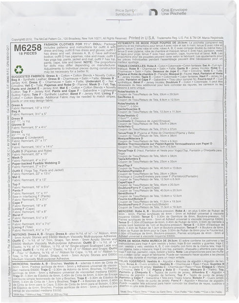 McCall's Patterns M6258 Fashion Clothes for 11-Inch Doll, One Size Only...