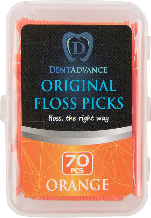 Original Dental Floss Picks - Easy Reach Back Teeth | Tooth Flossers |Orange, Unflavored, 70 ct, w/Travel Case...