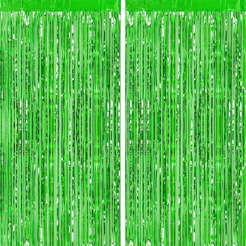 CHRORINE 2pcs 3ft x 8.3ft Green Tinsel Foil Fringe Curtains Streamers Backdrop for Green Birthday Jungle Safari Tropical Party Christmas Decoratio...