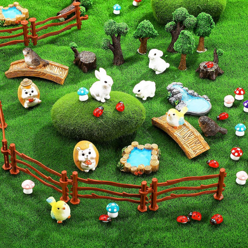 Wooden Pile Spring Garden Miniature Figurines Fairy Village Accessories Mini Animal Sets Micro Landscape Pond Mushroom Bridge Tree Ornament for Sp...