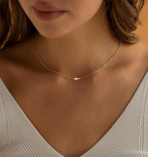 Foxgirl Gold Cross Necklaces for Women, Dainty Small Cross Chain Pendant Choker Necklace Simple Cute Tiny Sideways Cz Cross Gold Necklace for Wome...