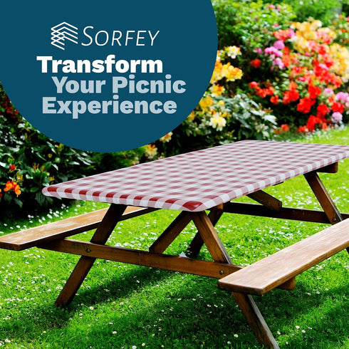 Sorfey Vinyl Picnic Table Fitted Tablecloth Cover, Checkered Design, Flannel Backed Lining, 28 x 72 Inch Blue...