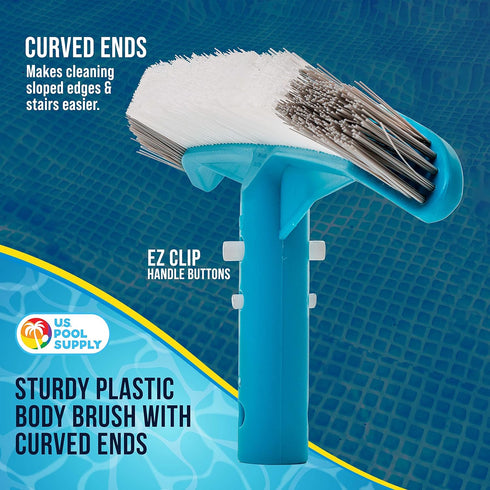 U.S. Pool Supply Professional 16" Floor & Wall Pool Brush with Nylon Bristles, Curved Ends, EZ Clip Handle - Cleaning Removing Sweeping Leaves & D...