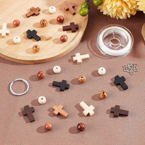 SUNNYCLUE 250Pcs Wood Cross Charms Easter Holiday Small Cross Beads Bulk Wooden Round Beads Unfinished Wood Bead 10mm Beading Keychain Making Kit ...