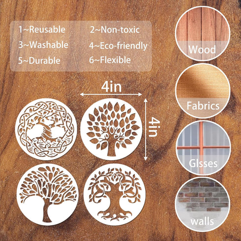 20 Pieces Reusable Tree Stencils 4 Inch Round Tree of Life Stencil for Painting on Wood Plastic Drawing Natural Tree Template Stencils for Coaster...