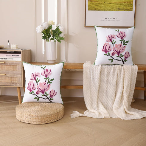 Embroidered Throw Pillow Covers 18x18 Inch Set of 2 Pink Magnolia Flower Spring Pillowcases, Square Pillow Cushion for Living Room Sofa Bed...