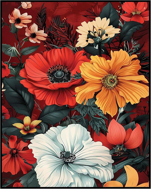 Posterizer 1 pcs-bright red and yellow flowers-red background-Floral & Botanical Art-Abstract & Modern Art-Decor for Home & Office- UNFRAMED Wall ...