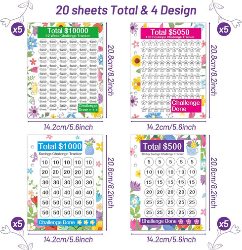 20 Sheets Money Saving Challenge Binder Trackers for 6 Ring A5 Binder, 100 Envelopes, 52 Week, 30 Day, 100 Day Savings Challenge Tracker Card Mone...