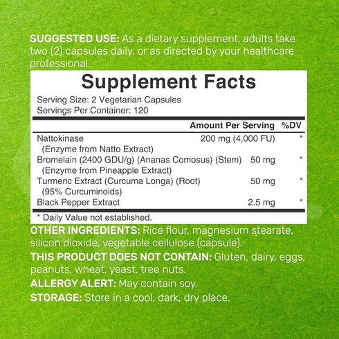 Nattokinase 4,000 FU Per Serving, 240 Veggie Capsules – Bromelain, Turmeric Curcumin, with Black Pepper Complex – Heart Health & Digestive Enzymes...