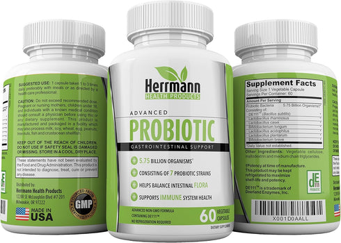 Probiotics by Herrmann Health Products | Probiotic for Men and Women | High Potency 7 Strain Formula | 5.75 Billion Organisms per Capsule | Non-GM...