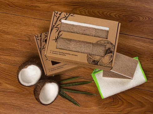 Natural Kitchen Sponge- Coconut Base Dish Sponge and Rayon derived from Bamboo Dishcloth Bundle- 12 Coconut Scrubbers & 4 Pieces Rayon derived fro...