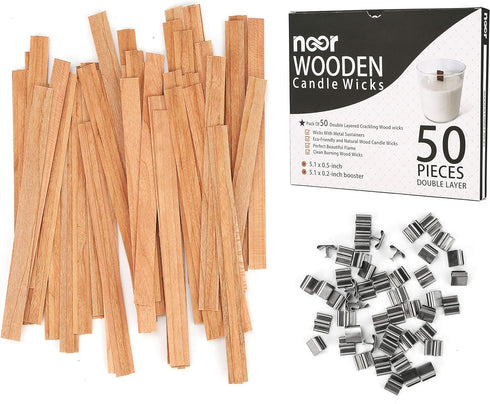 NOOR 50 Wooden Wicks for Candle Making - Double Layer Crackling Wood Wicks with Metal Clips - Smokeless, Eco-Friendly, Ideal for Soy Wax & DIY Can...