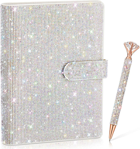 A5 Rhinestone Refillable Notebook Binder and Crystal Pen Set 6 Ring Diamond Budget Binder for Filler Paper Bling White Desk Accessories for Women ...