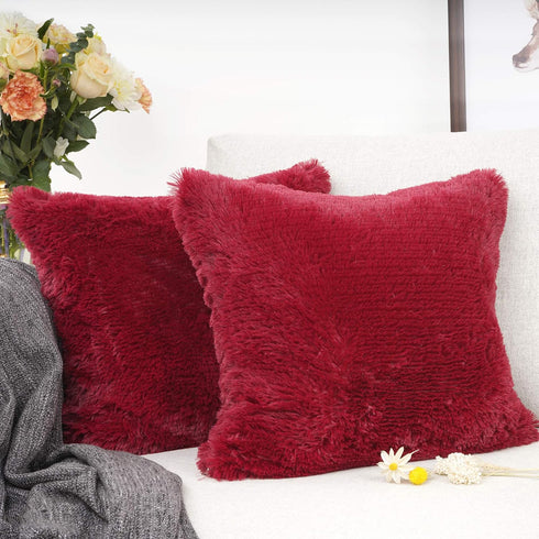YOUR SMILE Pack of 2, Christmas Decorative New Luxury Series Merino Style Faux Fur Throw Pillow Case Cushion Cover 18" x 18"(Burgundy Red)...