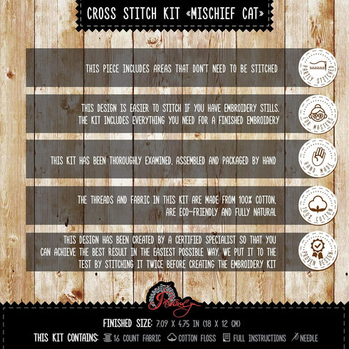Povitrulya Counted Cross Stitch Kit 'Mischief Kitten' DIY Embroidery Set with Counted Gray Tabby Cat Pattern...