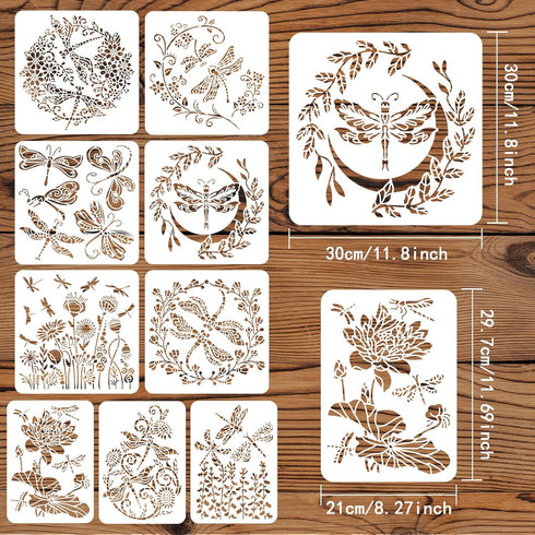 FINGERINSPIRE 9PCS Dragonfly Flower Stencils 2 Size Reusable Flower Wreath Stencils Flower Bush Lotus Vine Drawing Stencils DIY Art and Craft Sten...