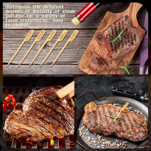 Soaoo 500 Pcs 3.5" Assorted Bamboo Wood Steak Markers Steak Temperature Sticks Meat Doneness Picks Bamboo Paddle Skewers Sticks for BBQ Barbecue P...