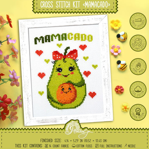 Povitrulya Counted Cross Stitch Kit 'Mamacado' - Embroidery Set with Pre-Sorted Cotton Floss, 14 Count Aida Fabric, Paper Pattern, DIY Gift, Baby ...
