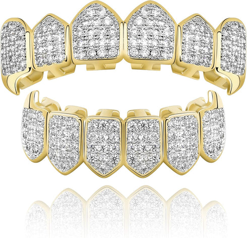 TOPGRILLZ Grillz Vampire Teeth - Silver Grills for Your Teeth Diamond Grillz for Women Men 18K Gold Plated Iced out Hip Hop Rapper Costume Cosplay...