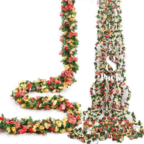 Miracliy 8Pcs 66FT Flower Garland, Orange and Champagne Artificial Rose Floral Vines Fake Hanging Spring Flower Garland for Wall Backdrop Wedding ...