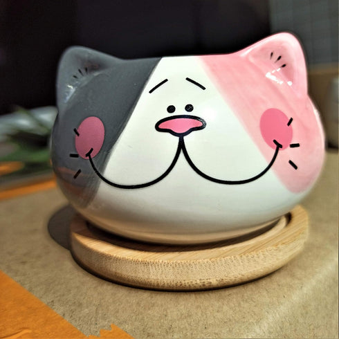 Cute 3.5 Inches Indoor Cartoon Animal Cat Shaped Ceramic Succulent Cactus Flower Plant Pots with Bamboo Tray (Plant Not Included) (Grey)...