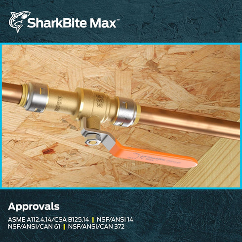 SharkBite Max 1/2 Inch Ball Valve, Push to Connect Brass Plumbing Fitting, Water Shut Off, PEX Pipe, Copper, CPVC, PE-RT, HDPE, UR22222A...